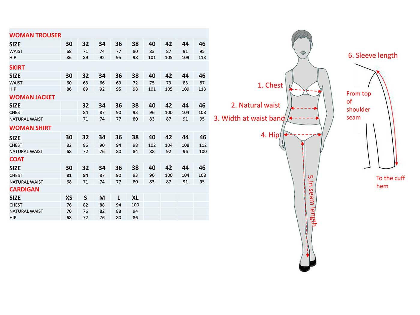 Size guide for airline uniform outerwear for women