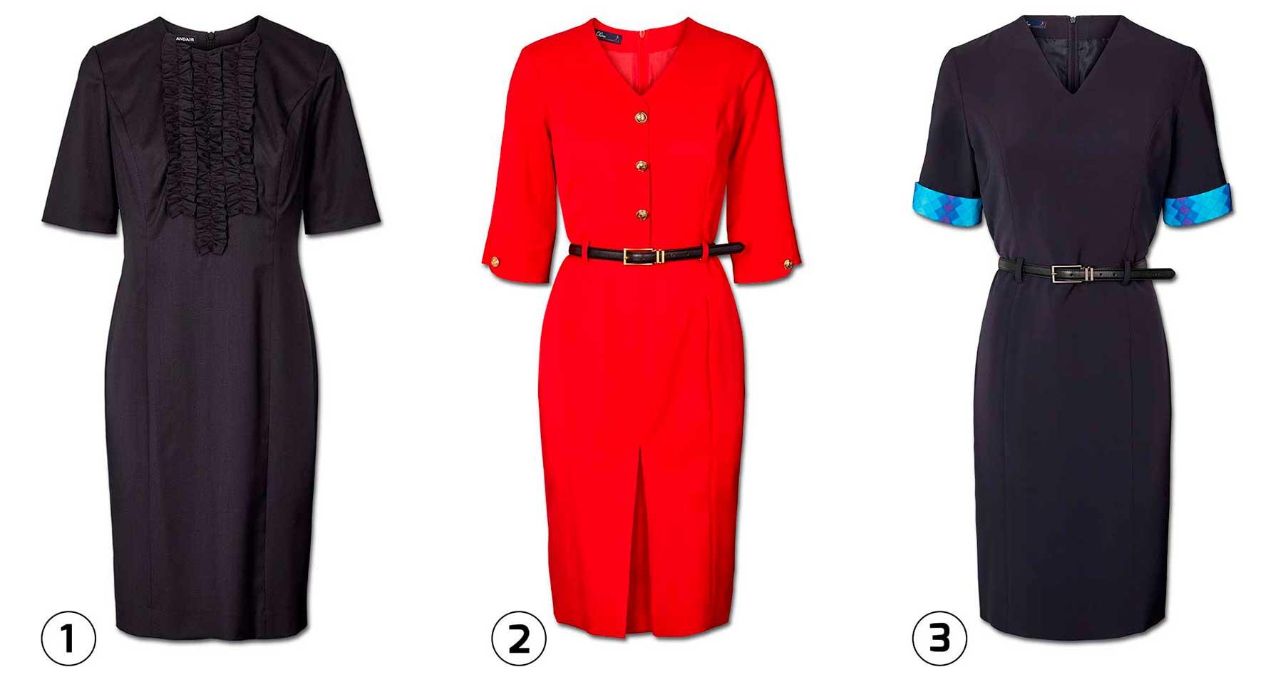 Cabin crew dresses for Iceland air and Jazeera together with a red flight attendant dress with golden buttons