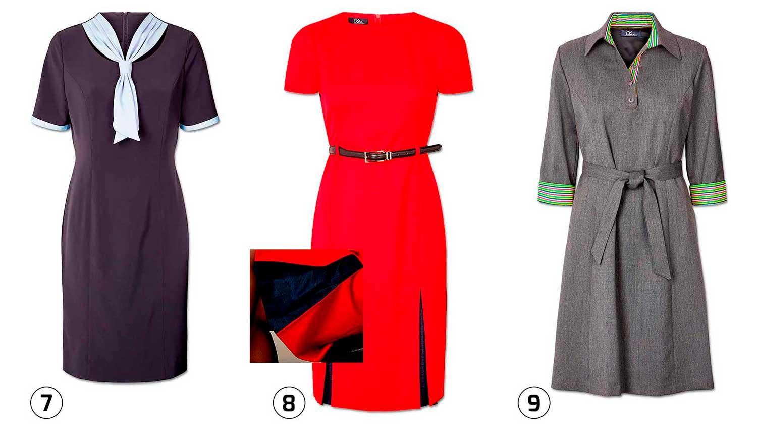 Feminine navy cabin crew dress, beautiful red dress and grey flight attendant dress